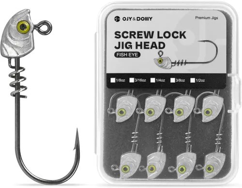 Vista 4 de Paquete de 15 cabezas de plantilla de cebo con bloqueo de tornillo – 3D Chartreuse Eyes 1/8 3/16 1/4 3/8 1/2 oz, 3/0 y 4/0 anzuelos de pesca