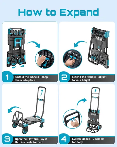 Vista 4 de SEESII Camión de mano plegable 2 en 1, carrito de 330 libras 4/2 con ruedas Azul