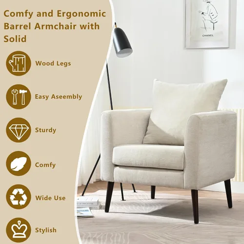 Vista 6 de Setawix Silla decorativa de barril, sillón tapizado de chenilla, silla redonda moderna de mediados de siglo, cómoda silla con brazo de barril
