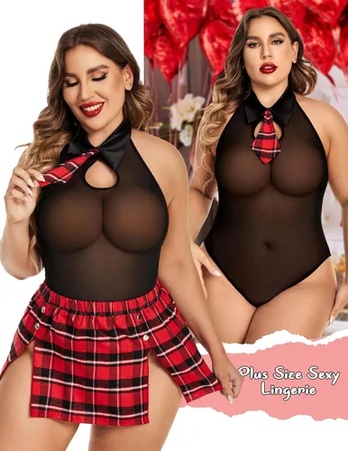 Vista 3 de Avidlove Conjunto de lencería de talla grande para mujer, trajes sexys para juegos de rol, disfraz de cosplay, lencería escolar con falda a cuadros