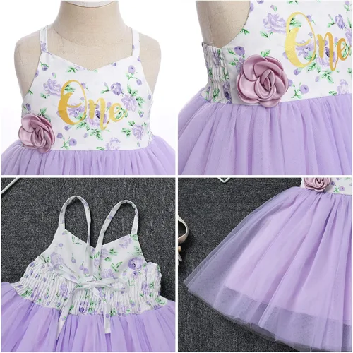 Vista 6 de Vestido de cumpleaños de 1.º y 2º cumpleaños para niñas pequeñas, vestido de tutú de tul floral bohemio con diadema de flores para sesión de fotos