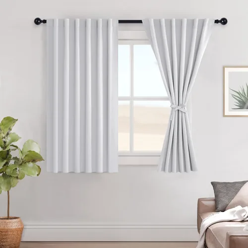 Vista 32 de Hiasan Cortinas opacas negras para dormitorio, cortinas opacas cortas de 45 pulgadas de largo, con aislamiento térmico, bolsillo para barra