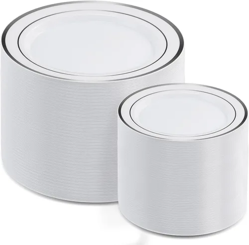Vista 8 de AOZITA Juego de 200 piezas de platos de plástico dorados, platos desechables resistentes para fiesta y boda, incluye 100 platos de cena y 100 platos