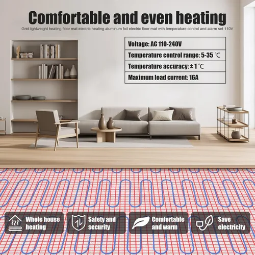 Vista 2 de hatleues Alfombrilla de calefacción de piso, 32 pies cuadrados con termostato programable digital y parte trasera adhesiva, cuatro modos de control