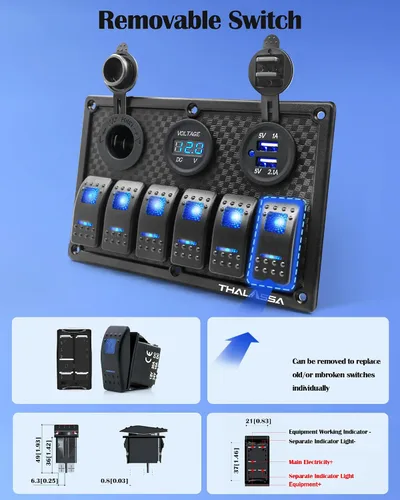 Vista 7 de Panel de interruptor basculante impermeable de 6 posiciones con pantalla digital LED azul, voltímetro, doble puerto de carga USB de 5 V, toma