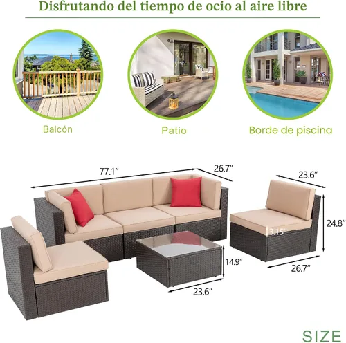 Vista 3 de Vongrasig Juego de 6 muebles de patio pequeños, sofá modular de mimbre de polietileno para todo tipo de clima, sofá seccional para exteriores