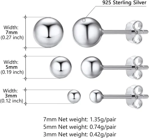 Vista 4 de PROSILVER 925 Sterling Silver Ball Stud Earrings, Hypoallergenic for Sensitive Ears, Womens Flat Back Studs, 3mm4mm5mm7mm, Come with Box