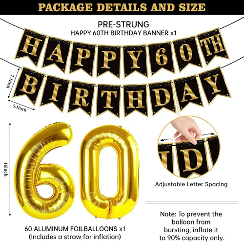 Vista 2 de Decoraciones de cumpleaños de 60 años para hombres y mujeres, pancarta de feliz cumpleaños número 60, globos de felicitación a 60 años, decoraciones