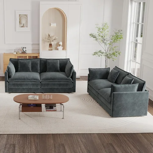 Vista 18 de mikibama Juego de sofá biplaza y sillón de lujo de 2 piezas, moderno juego de sofás nube tapizados de chenilla con 5 almohadas para sala de estar