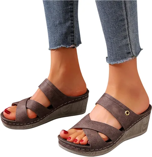 Vista 2 de ZiSUGP - Sandalias y zapatillas de tacón de pendiente para mujer, marrón, 7 ancho