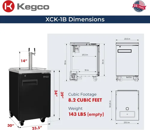 Vista 4 de Kegco XCK-1B-2 Kegerator comercial de doble grifo de 24 pulgadas, dispensador de cerveza de barril de acero inoxidable, sostiene barriles completos