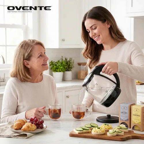 Vista 7 de OVENTE Hervidor eléctrico de vidrio de 1.5 L con luz LED azul, calentador de agua de encimera iluminado de 1100 W y caldera para café o té, apagado