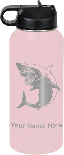 Vista 39 de LaserGram Botella de agua personalizada, gran tiburón blanco, acero inoxidable de doble pared aislada al vacío con popote superior, regalo grabado