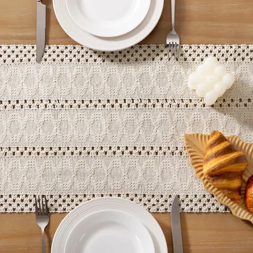 Vista 4 de Socomi Camino de mesa bohemio de verano rústico para comedor, cocina, centro de mesa, decoración pequeña de macramé de algodón y lino, camino