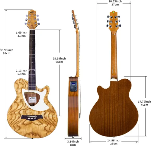Vista 2 de Guitarra eléctrica acústica de 39 pulgadas, cuerpo delgado, afinador incorporado, cuerpo de acabado natural brillante de madera de fresno