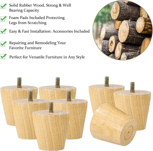 Vista 2 de uxcell Patas de madera para muebles, patas de sofá de 2 pulgadas, patas redondas de madera maciza, patas de sofá de color madera, patas de repuesto