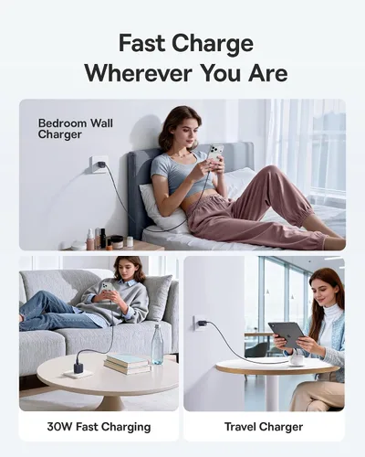Vista 6 de Baseus - Bloque de cargador USB C de 30 W, paquete de 2 cargadores rápidos tipo C con cable USB-C, cargador de pared compacto para iPhone 17/16/15