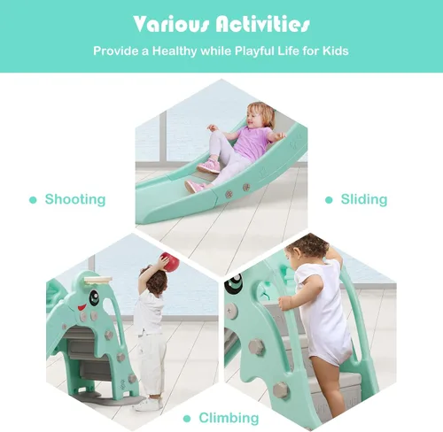Vista 5 de Baby Joy Slide para niños, juego grande para escalador de juegos con pendiente de deslizamiento extralarga, aro de baloncesto y bola, regalo ideal