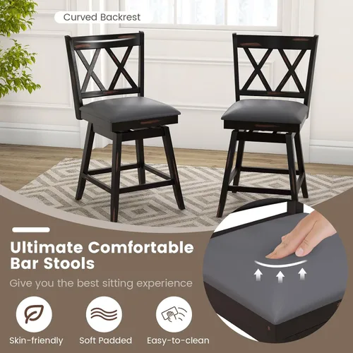 Vista 5 de COSTWAY Juego de 2 Taburetes de Bar para Isla de Cocina, Silla de Altura de Mostrador de 25 Pulgadas con Respaldo Ergonómico, Reposapiés, Superficie