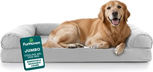 Vista 27 de Furhaven Sofá cama ortopédico para perro, sofá de espuma viscoelástica con refuerzos, felpa texturizada y funda resistente al agua, funda lavable