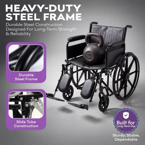 Vista 2 de Silla de ruedas bariátrica de servicio pesado para adultos - Negro - Brazos de escritorio removibles y reposapiernas elevados - Altura estándar