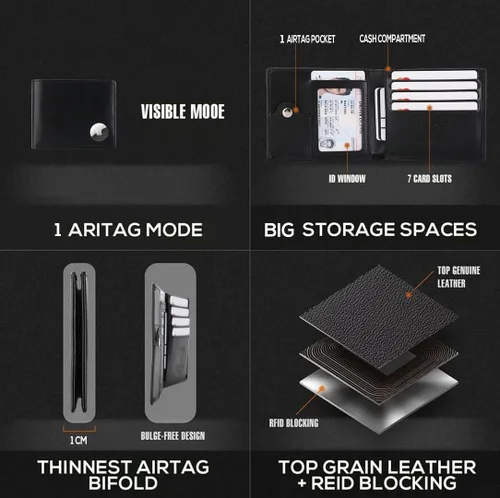 Vista 7 de Billetera AirTag para hombre Cartera plegable de piel auténtica RFID con soporte para AirTag, diseño grande y delgado, hasta 4-8 tarjetas y ventana