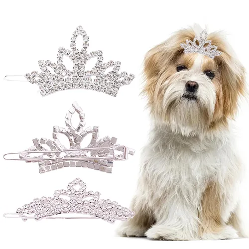 Vista 5 de PET SHOW 1 unidad/paquete de pinzas para el pelo de tiara para perro, lazos para perros pequeños, disfraz de diamantes de imitación de cristal