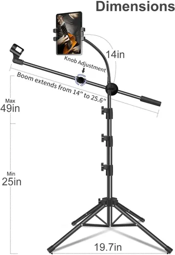 Vista 2 de Soporte para Micrófono, Soporte de Micrófono de Piso con Brazo Extensible y Soporte para Tableta y Teléfono, Altura Ajustable, Soporte de Cuatro