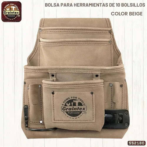 Vista 2 de Graintex Bolsa para clavos y herramientas de 10 bolsillos, bolsa de herramientas de cuero de gamuza, cinturón de herramientas para constructores