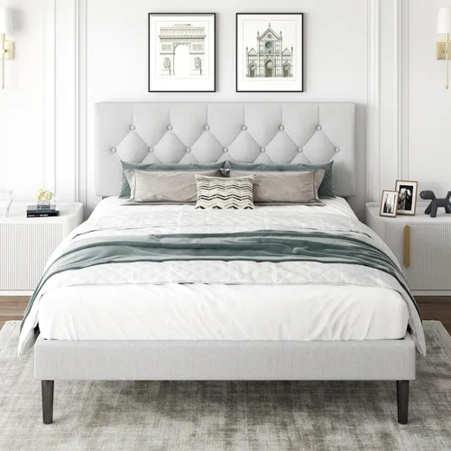 Vista 15 de CXVX Marco de cama de tamaño matrimonial con estructura de plataforma y cabecera tapizada, diseño con botones, listones de madera resistentes,