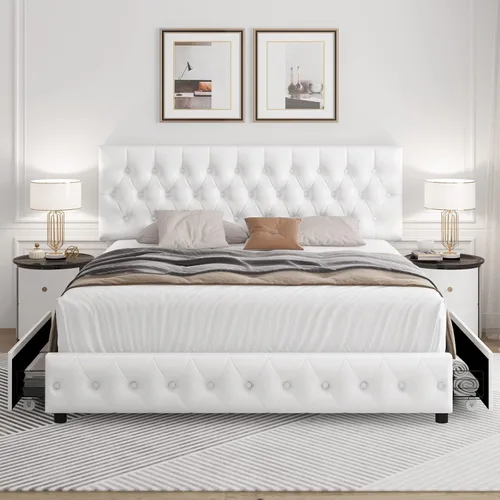 Vista 3 de Keyluv Moderna base de cama tapizada con 4 cajones, diseño de cabecera capitoné con botones, soporte de listones de madera maciza, fácil montaje