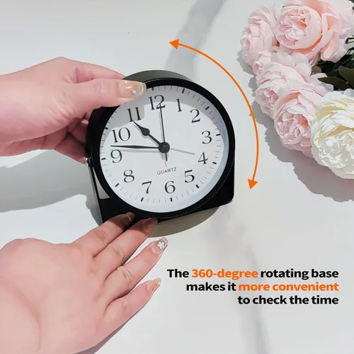 Vista 2 de Reloj despertador analógico, silencioso sin tictac, funciona con pilas con luz suave nocturna bajo demanda, reloj de escritorio de metal giratorio