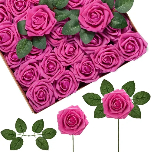Vista 30 de InnoGear Flores artificiales, paquete de 50 unidades, rosas artificiales de espuma negras con tallos a granel para decoración, ramos de boda DIY