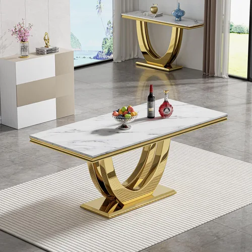 Vista 4 de SSLine Juego de mesa de comedor de mármol sintético blanco de 68 pulgadas