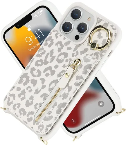 Vista 3 de Funda para iPhone 13 Pro Max con tarjetero y correa para mujer, bolsa cruzada con soporte de anillo con cremallera para monedero Apple13promax