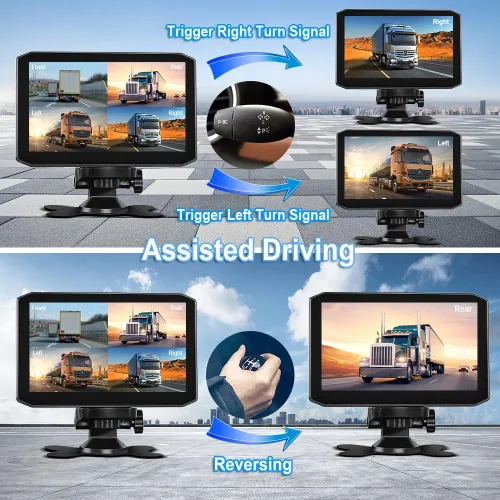 Vista 5 de VSYSTO Cámara de respaldo de 4 canales, monitor de 7.0 pulgadas, cámara DVR frontal y lateral y trasera VGA para semirremolque, camión, camioneta