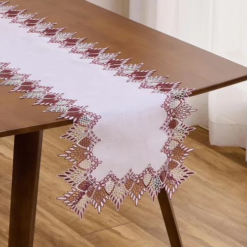 Vista 17 de Camino de mesa de lino de encaje rojo oscuro blanco de 36 pulgadas de largo, bufanda de aparador claret, decoración de mesa para Navidad, cocina