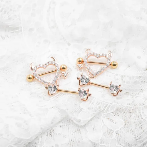 Vista 3 de BODY16G CZCZ Piercing para pezones de acero inoxidable 316L con forma de corazón de diablo con circonita cúbica para pezones piercing corporal