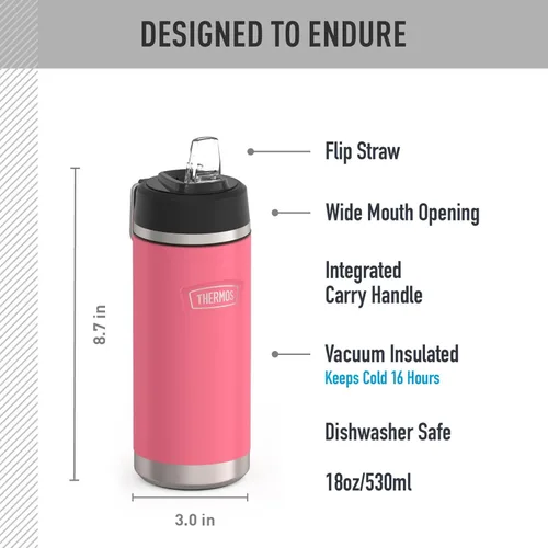 Vista 2 de THERMOS ICON SERIES - Botella de agua aislada con tapa con popote, 18 onzas, rosa intenso, botella de agua aislada al vacío de acero inoxidable