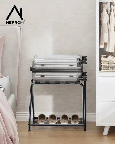 Vista 6 de Portaequipajes, soporte plegable para maleta con estante de almacenamiento, soporte de equipaje de metal para habitación de invitados, dormitorio