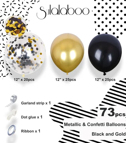 Vista 4 de Globos metálicos negros y dorados de 12 pulgadas, 73 globos de látex con confeti dorado y negro, juego de globos de helio brillantes para fiestas