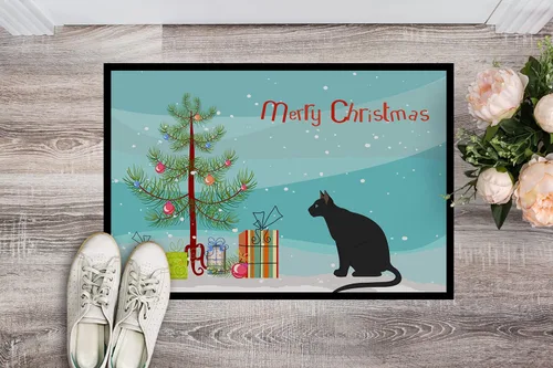 Vista 2 de Caroline's Treasures CK4781JMAT Ojos Azules Cat Merry Christmas Felpudo de 24 x 36 pulgadas, tapete para puerta delantera, para interiores
