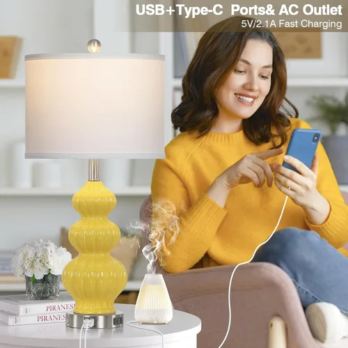 Vista 3 de Rinweey Juego de 2 lámparas de mesa de cerámica de triple calabaza, modernas lámparas de noche amarillas con puertos USB A+C y salida de CA, control