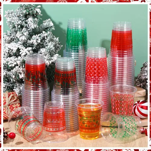 Vista 7 de Qinyoung 100 Piezas Vasos de Plástico de Navidad de 12 onzas Vasos Desechables de Navidad Rojo y Verde Suéter Árboles de Navidad Diseño de Copos