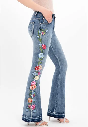 Vista 3 de Jeans acampanados bordados florales para mujer, pantalones de mezclilla retro inspirados en la vendimia