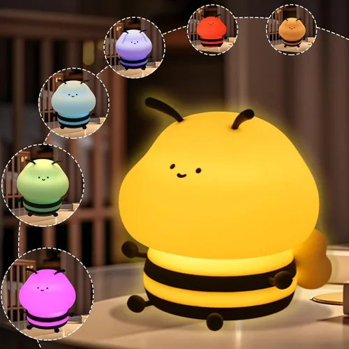 Vista 2 de Luz nocturna de abeja para niños, lámpara blanda, luz nocturna de animales, 3 niveles de brillo, lámpara para niños que cambia de color, lámparas