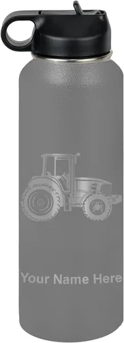 Vista 24 de LaserGram Botella de agua personalizada, tractor agrícola, acero inoxidable de doble pared aislada al vacío con popote superior, regalo grabado
