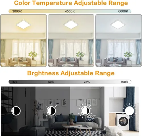 Vista 2 de Lámpara de techo LED regulable de 12 pulgadas con control remoto, brillo CCT completo de 24 W, luz de techo LED cuadrada ajustable, accesorio
