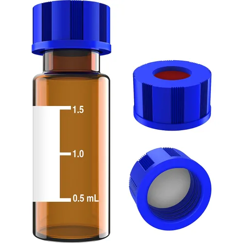 Vista 11 de Viales de muestreo automático de 0.1 fl oz, viales de muestra HPLC/GC, con área de escritura y graduaciones, tapón de rosca 9-425, PTFE azul