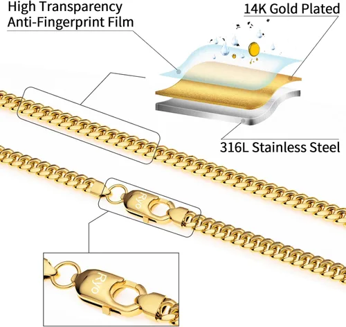 Vista 3 de ROSIEYO Diamond Cut Miami Mens Cuban Link Chain Necklace, 14k Gold Cuban Chain Necklace, Silver Chain for Men Women Boys, 316L Stainless Steel